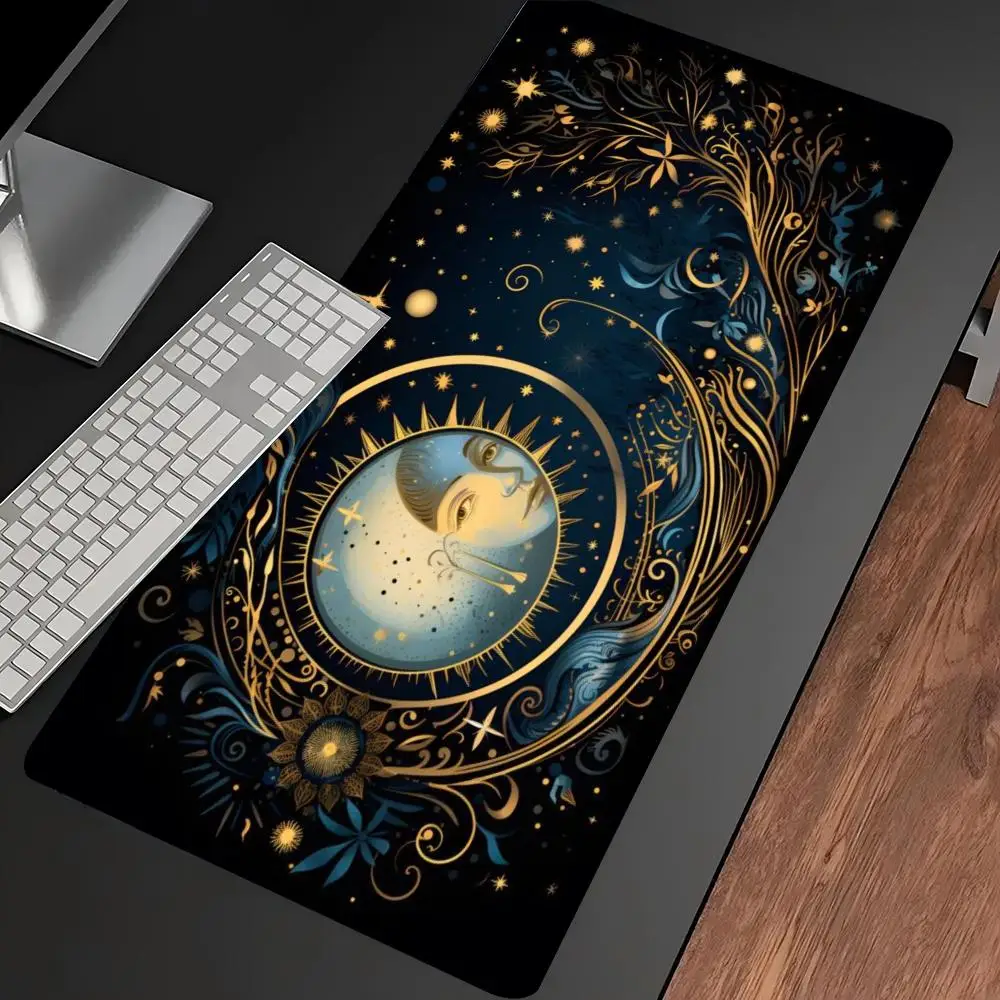 Retro Golden Moon Floral Large Extended Gaming Mouse Pad Non Slip Desk Surface Celestial Art Print For Gaming And Office Desktop
