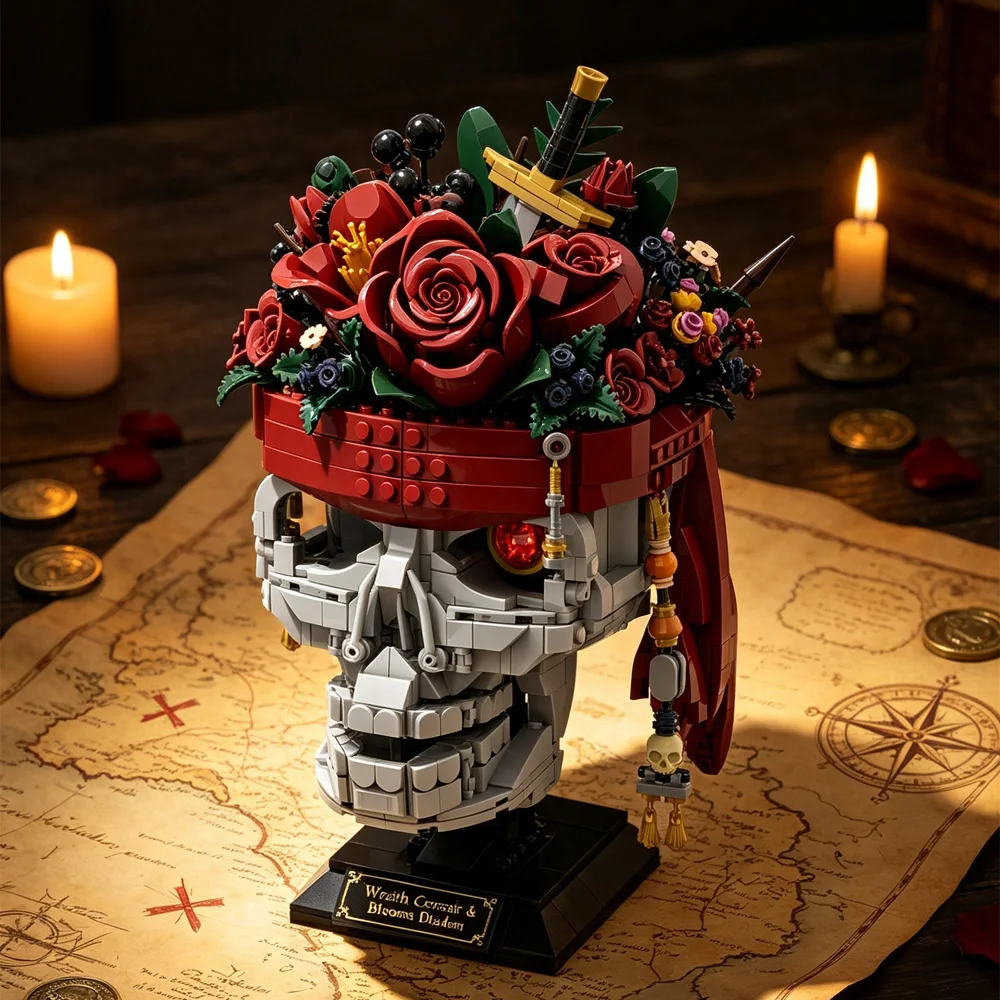 Pirate Skull Flower Building Blocks Kit Gothic Floral Skull Bust with Display Base Desktop Decor DIY Bricks Toy for Adult Gift