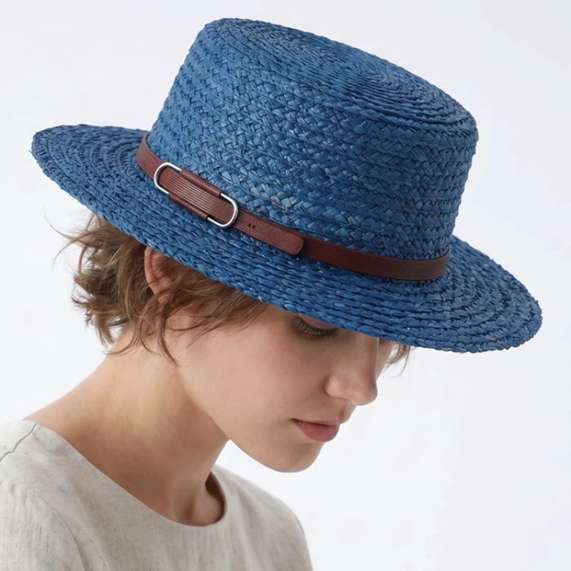 Unisex French Flat Top Raffia Straw Hat Klein Blue Leather Buckle Decor Summer UPF50+ Sun Protection Boater Hat Men Women Sun Ha