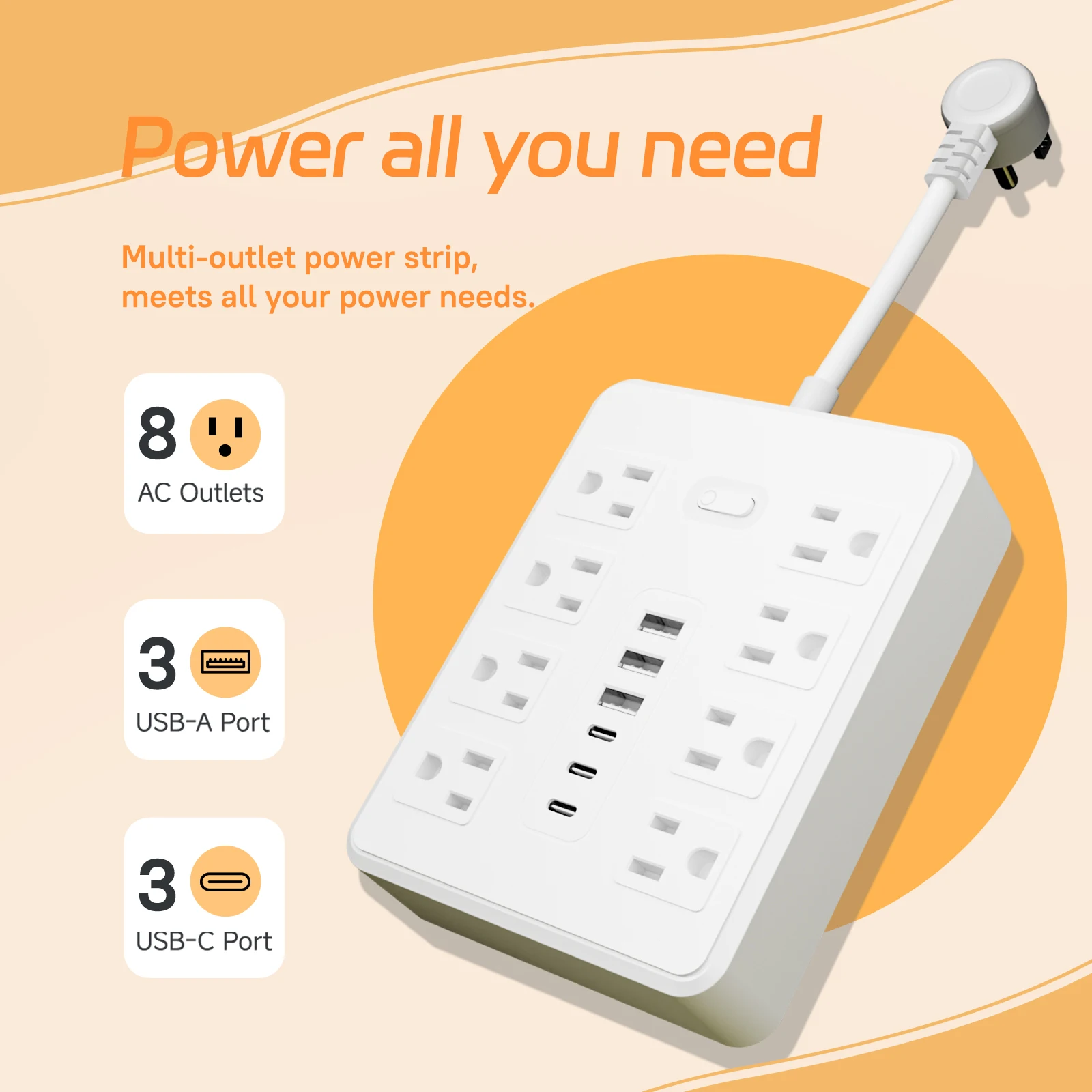 14-in-1 US single switch power strip with 8 AC sockets, 3 USB 3 Type-C ports, built-in overload protection view 6