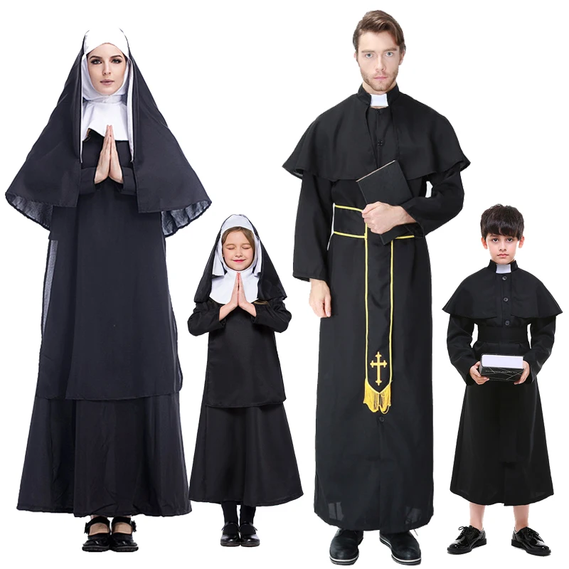 Middeleeuwse Volwassen Kinderen Priester Vader Non Zwarte Cosplay Kostuums Voor Vrouwen Mannen Meisje Jongen Missionaris Predikant Jesus Halloween Kleding