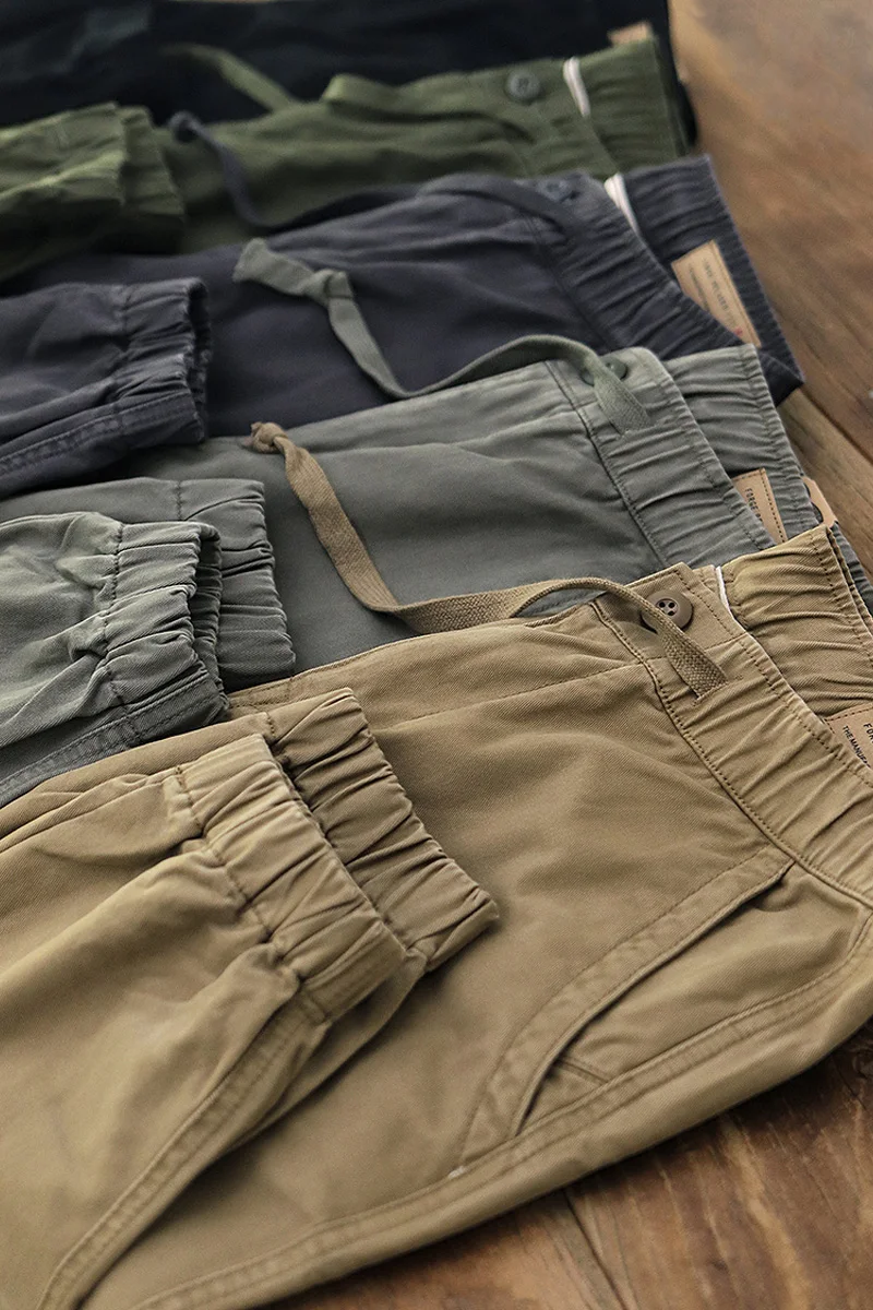 Pantalones Cargo de sarga Retro para hombre, Pantalón de algodón puro lavado con cordón, informal, recto, hasta el tobillo, estilo americano, Primavera, nuevo