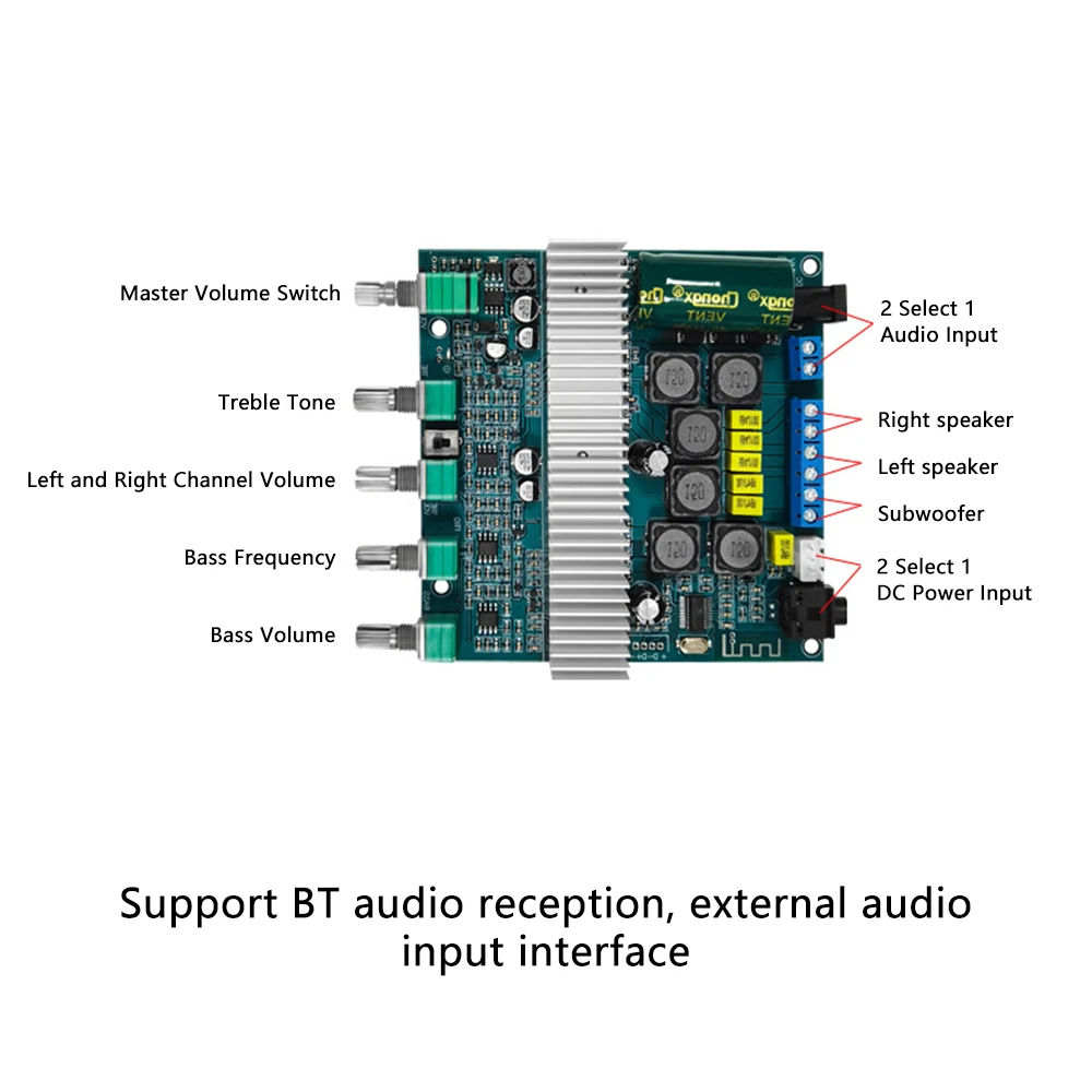 

TPA3116 Сабвуфер BT Цифровой усилитель звука Bluetooth 5.0 2.1 Hi-Fi аудиоусилитель Модуль цифрового усилителя звука 250 Вт + 50 Вт + 100 Вт