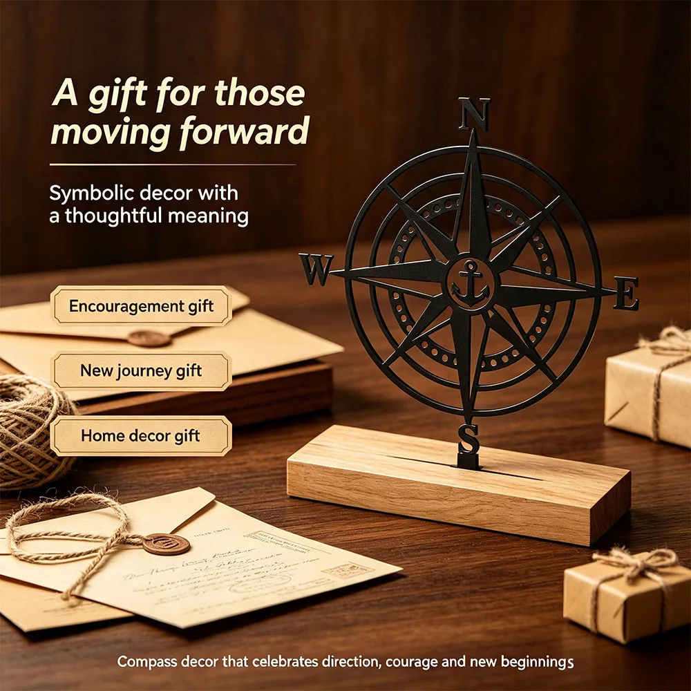 Nautical Compass Anchor Metal Sign With Wood Base Nordic Marine Style Desktop Home Decor Ornament