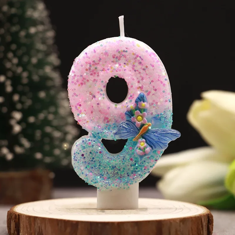 Pink Blue Gradient Glitter Number Candle with Butterfly Floral Ornament, Kids Birthday Cake Topper