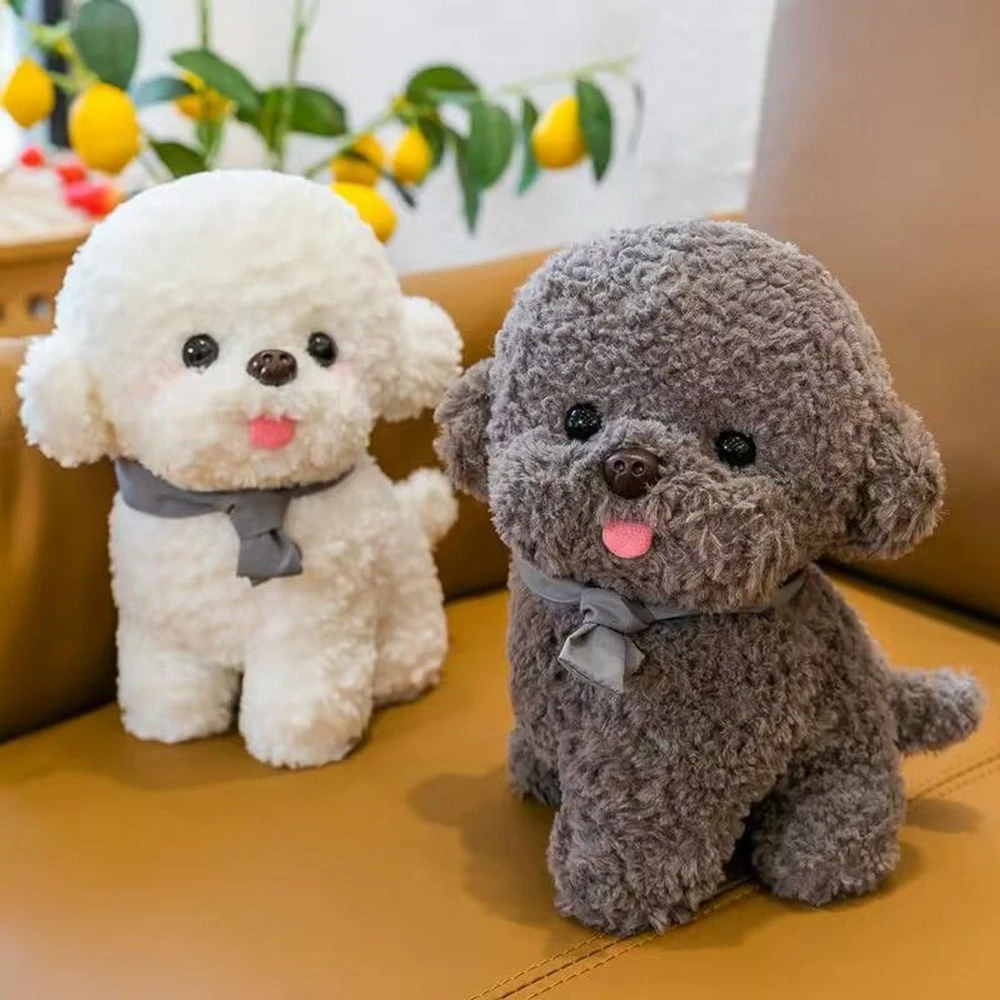 Brinquedo de pelúcia Urso Bichon Branco Artificial, Cachecol Cinzento Sentado e em Pé, Kawaii Teddy Dog, Animal Doll Festival Presentes, 25cm