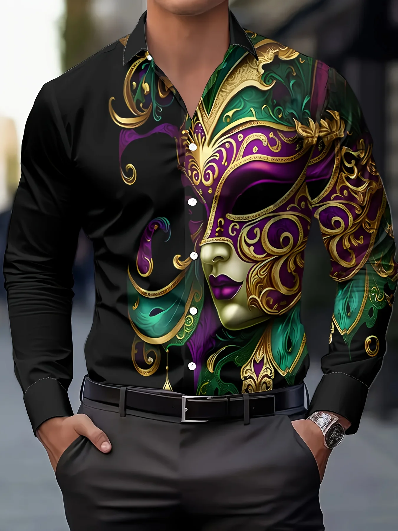 Men Long Sleeve Button Down Shirt Black Venetian Carnival Mask Print Polyester Lapel Collar Masquerade Party