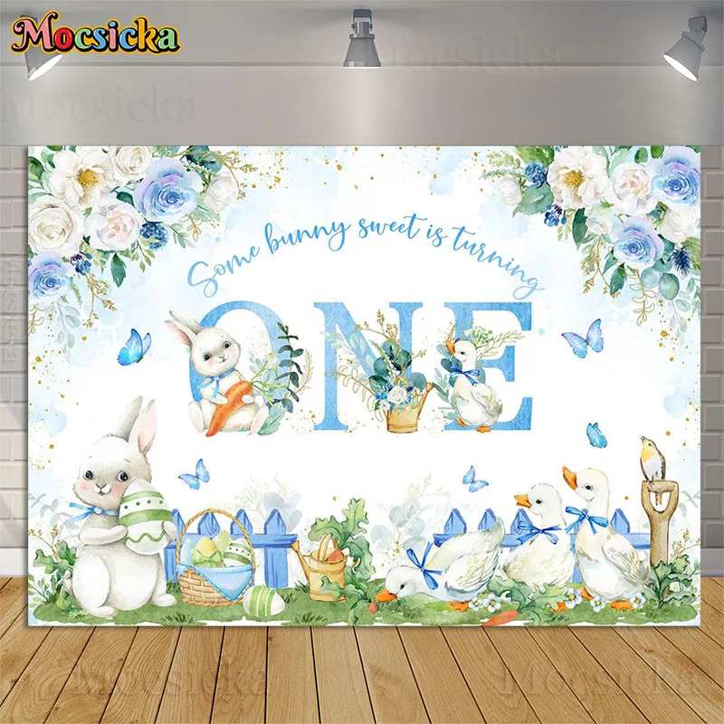 

Some Bunny Sweet Is Turning One Backdrop Baby Kids Birthday Party Easter Rabbit Duck Flowers Photo Background Photography Props