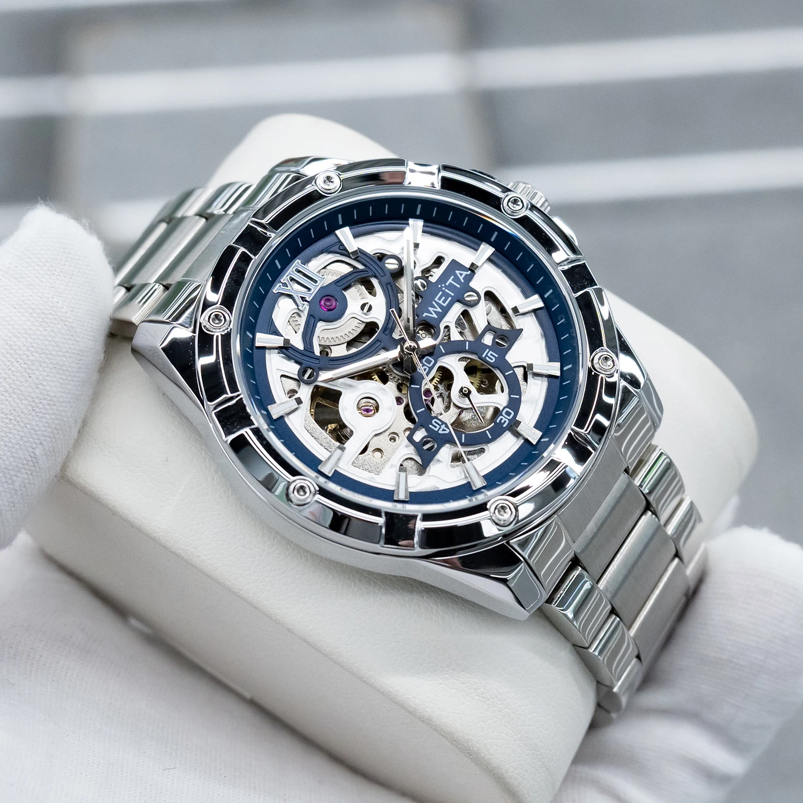 

Weita-Men's Blue Inner Skeleton Military Automatic Mechanical Watch Hollow Stainless Steel Waterproof Luxury Watch 44mm WT3100