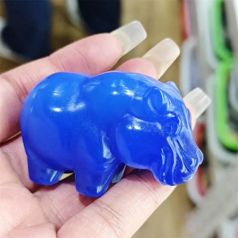 Natural Blue Opalite Hippo Carving Statue Healing Fengshui Gemstone Crafts For Children Birthday Gift 1PCS