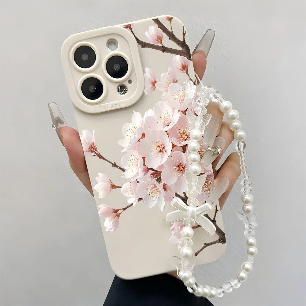 Wrist Strap Lanyard Pink Cherry Blossom Phone Cases For Samsung Galaxy S26 S25 S24 Plus A54 A56 Ultra S22 S23 A55 A34 A36 Cover