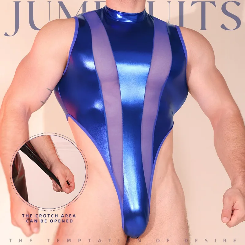 

Mens Sexy Lingerie Hook Crotch Thong Mesh Leather High Cut Bodysuit Top Rave Outfit Glossy Mock Neck Sheer Singlet Muscle Suit