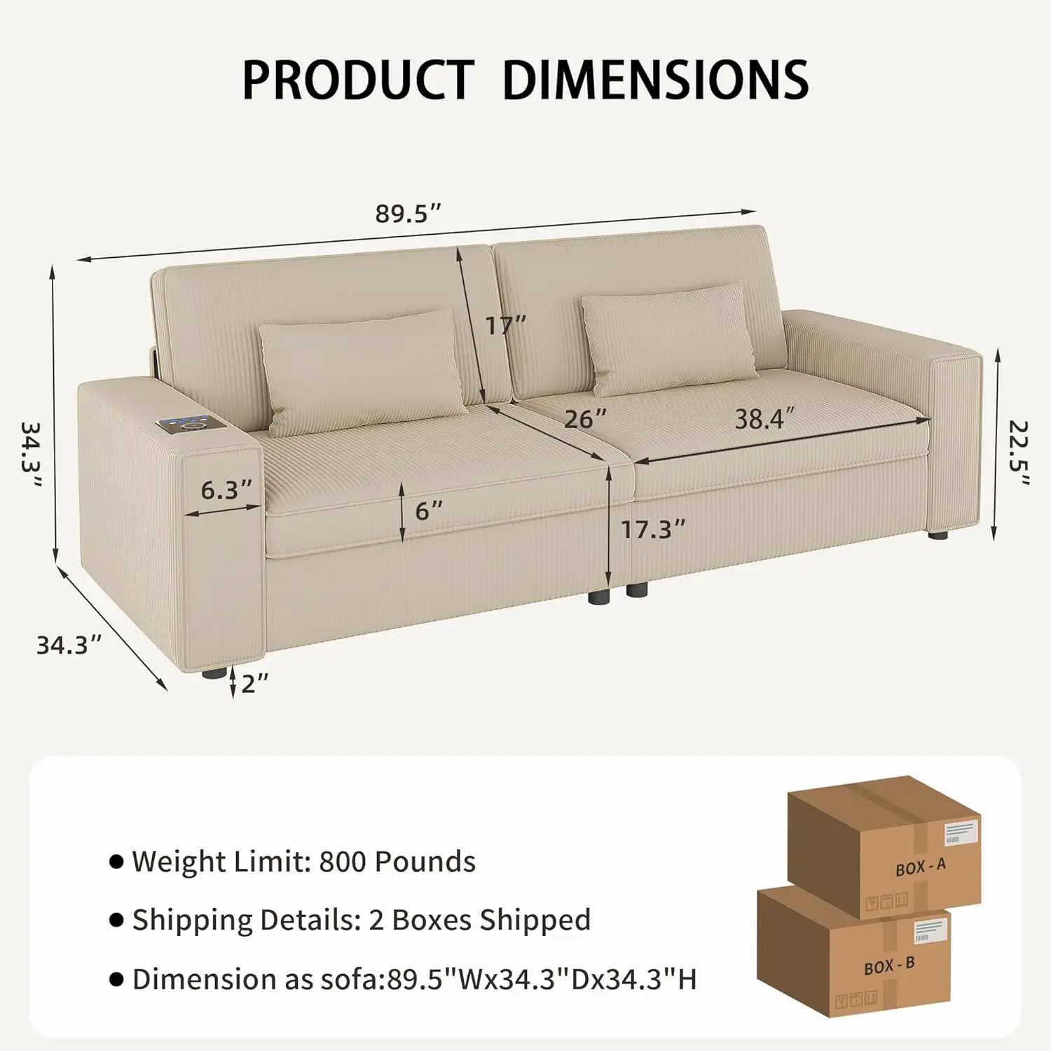 Corduroy Loveseat Sofa for Living Room 89.5