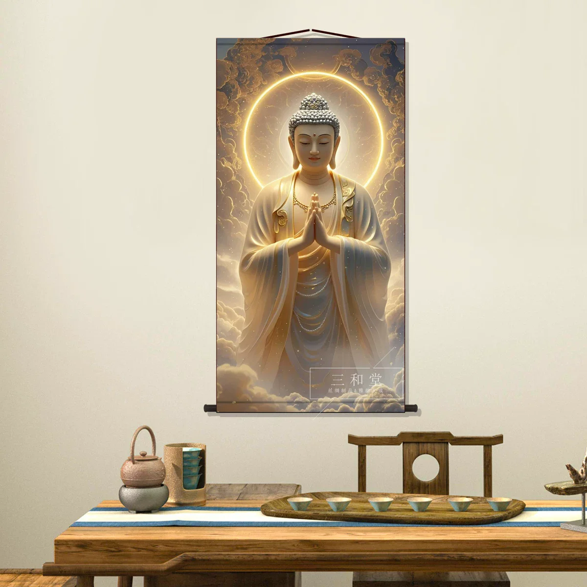 Amitabha Buddha Portrait Scroll Hanging Painting Chinese Decorative Painting Silk Cloth Craft Wall Hanging Scroll