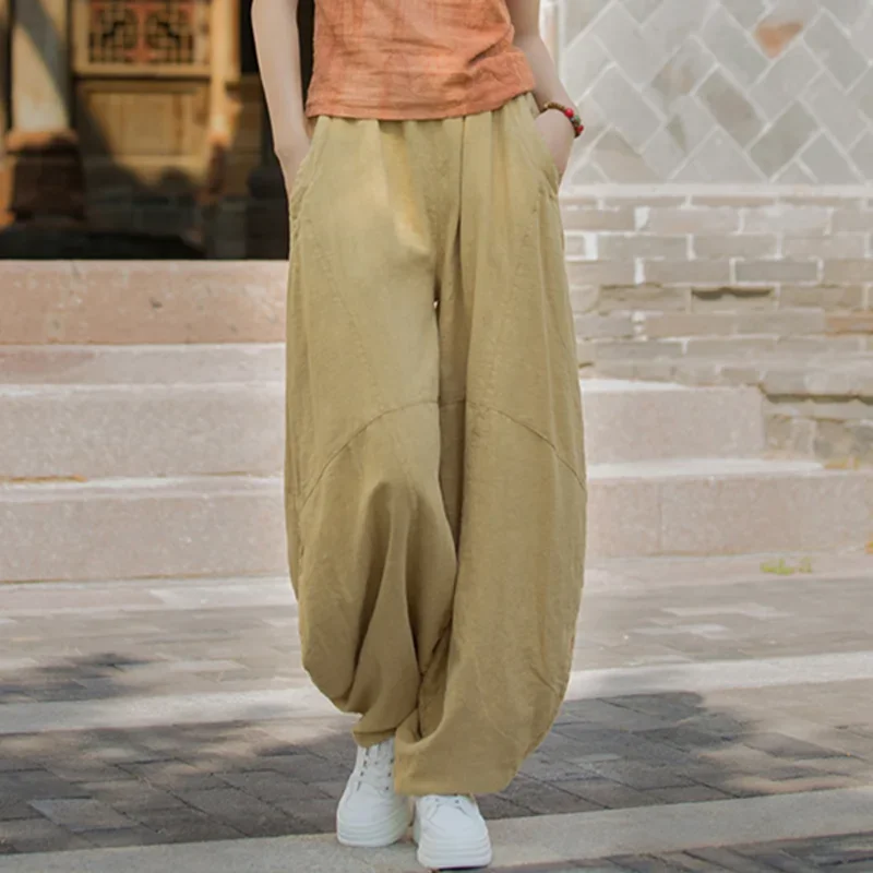 

Pop Elegant Women's Cotton Linen Baggy Cargo Pants Vintage Elastic Waist Yoga Trousers Loose Casual Long Wide Leg Oversize Cloth