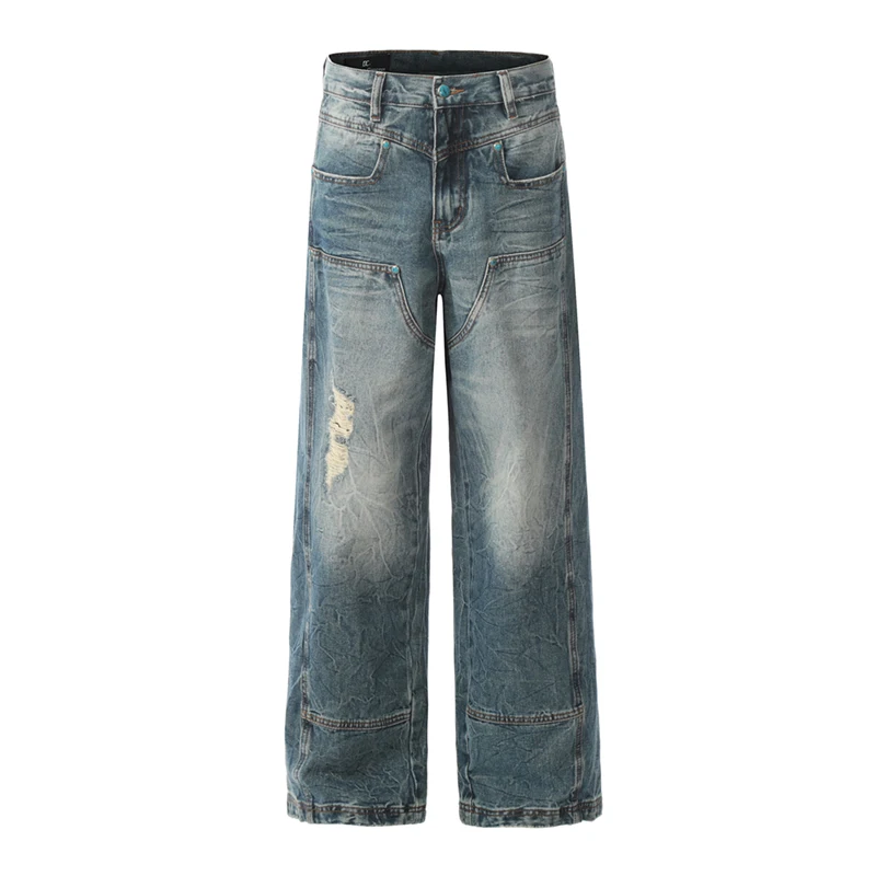 Blue Vintage Baggy Jeans Distressed Irregular Patchwork Loose Straight Denim Pants Harajuku Streetwear Hip Hop Jeans Trousers
