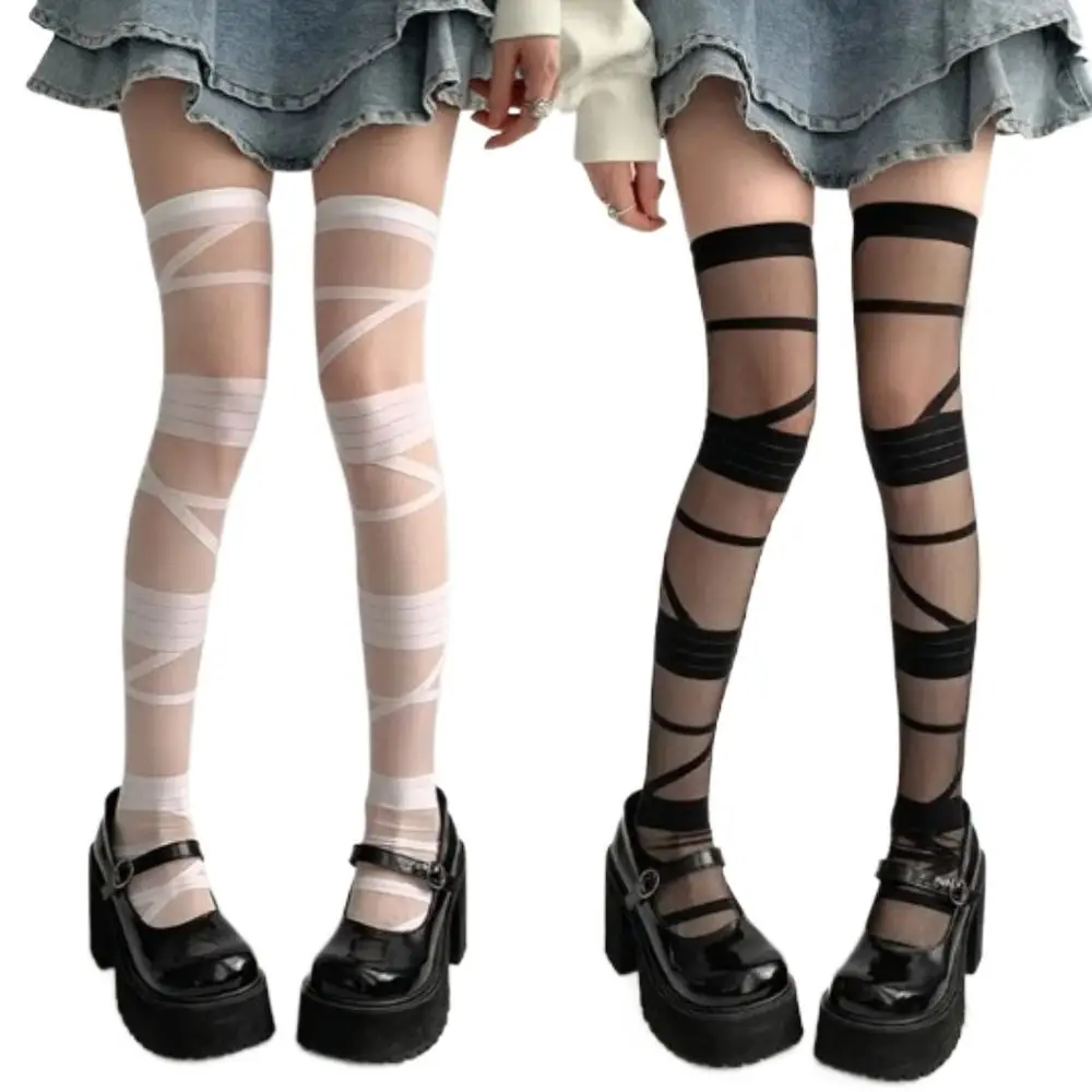 Nylon Transparent Stripe Stockings Lolita JK Style Ultra-thin High Tube Long Socks Breathable Elastic Above Knee Stocking