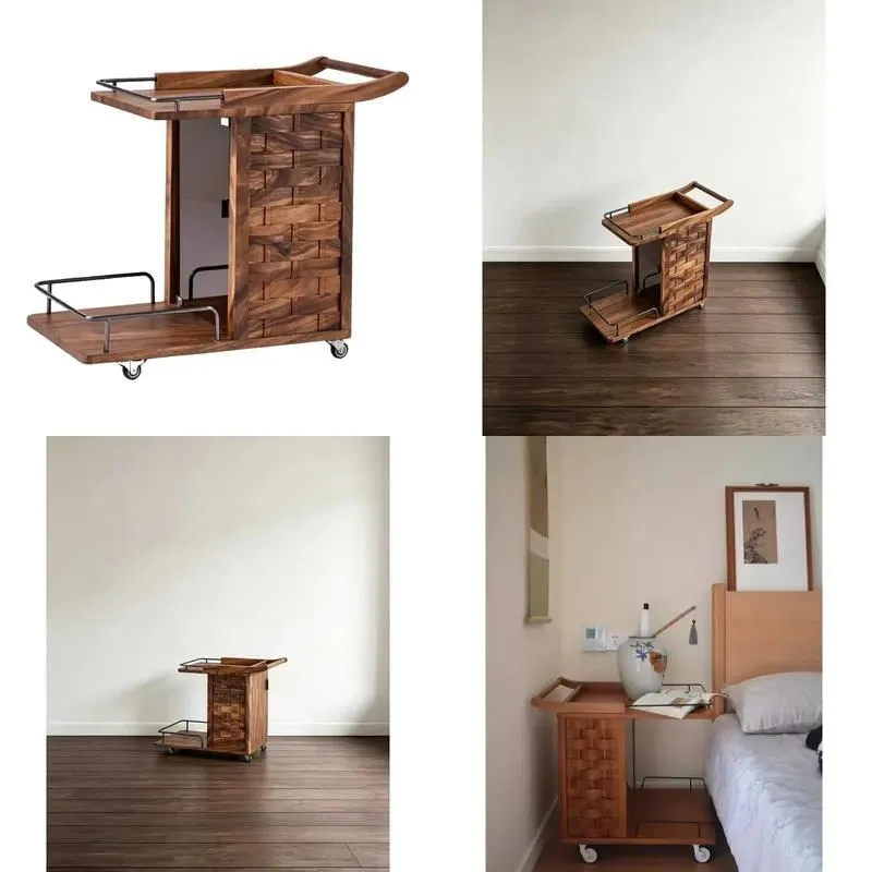Modern Multifunctional Adjustable Stainless Steel Wheels Wooden Coffee Cart Living Room Sofa Side Cabinet 2 Compartments Home