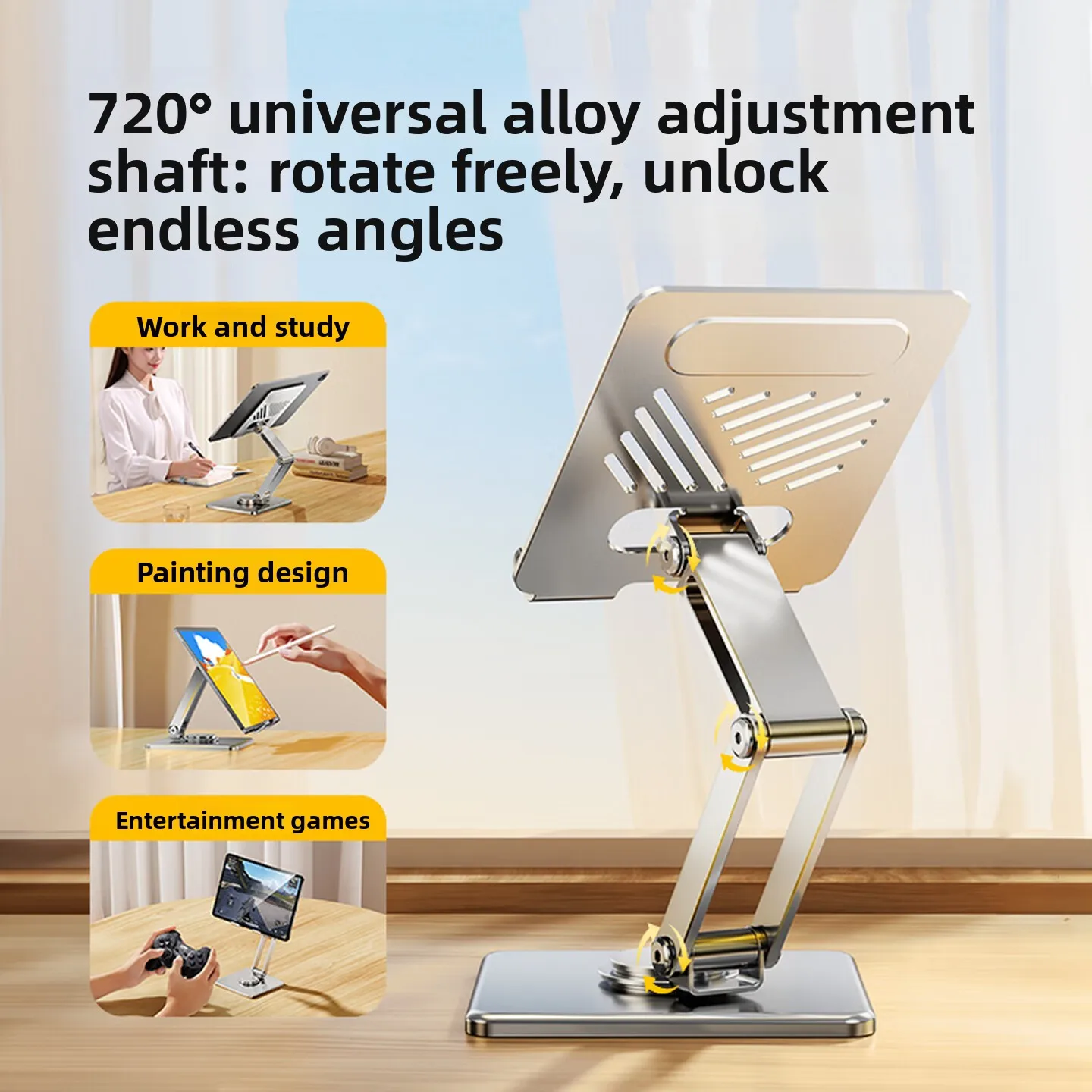 Rotating Tablet Stand 360 Degree Triple Axis Phone Holder with Double Folding Full Metal Frame Stable Base for Live Streaming