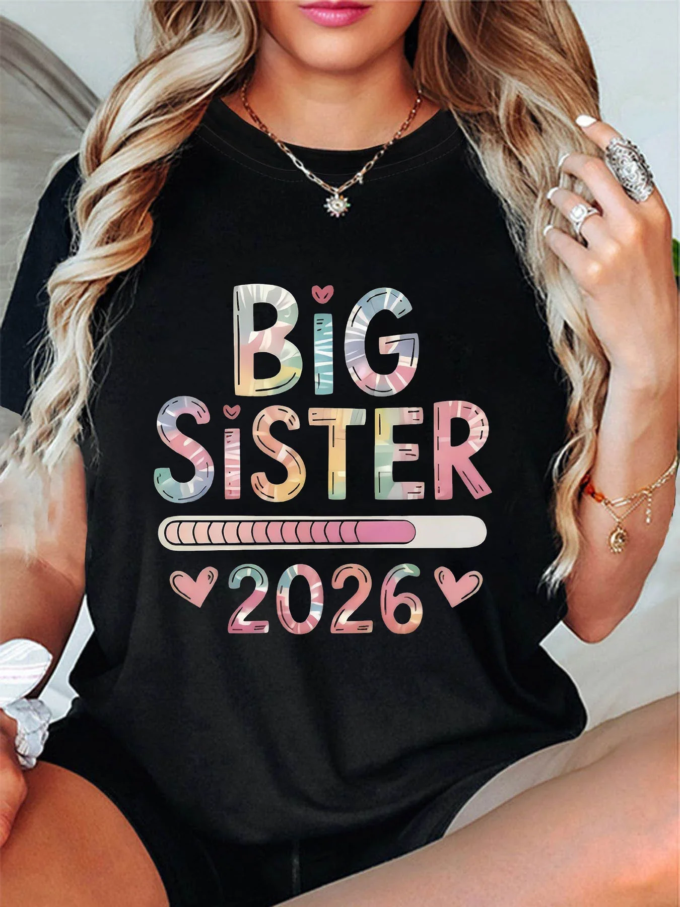 

Women's T-shirt Short Sleeve BIG SISTER 2026 Letter Print Crew Neck Casual Top For Summer & Spring