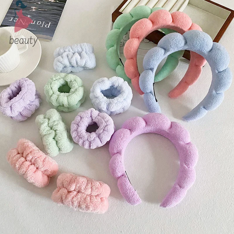 3pcs Spa Headband For Washing Face Wristband Set Sponge Makeup Headband Wrist Towels Bubble Hairband For Women Hair Accessories