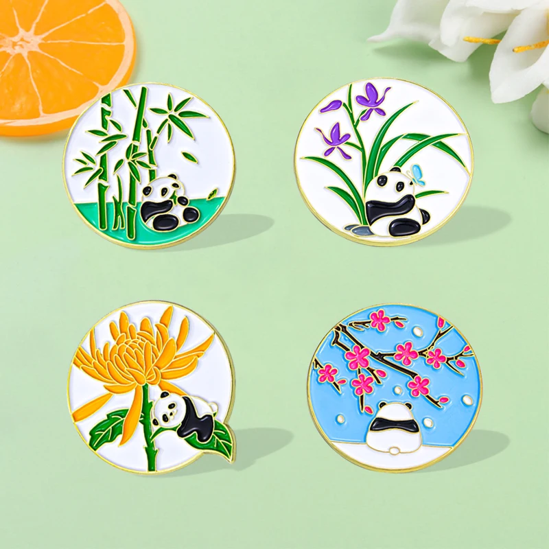 4Pcs/Set Statement Bamboo Flower Panda Series Pins Pretty Plum Blossom Orchid Chrysanthemum Pattern Enamel Round Brooches