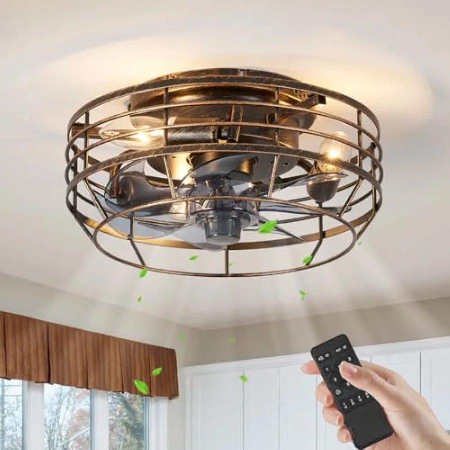 

Farmhouse Caged Ceiling Fan with Light, Remote Control Flush Mount Fan Lights Ceiling Fixtures 12 In, 6 Speeds Bladeless Quiet