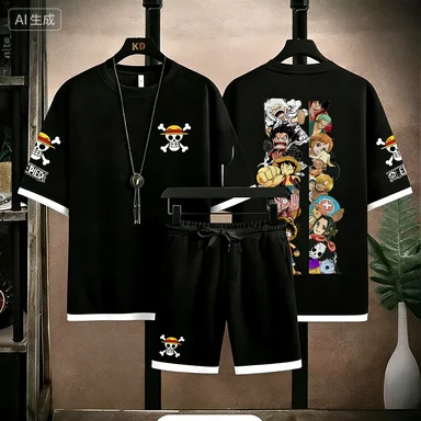 Ensemble 2 pièces pour homme, motif Trafalgar Law Death Surgeon, T-shirt en tricot gaufré + short, style Anime Manga Streetwear Tracksuit