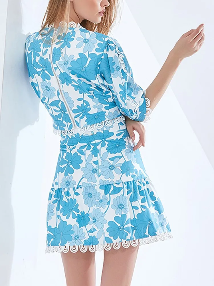 KBQ Printing Two Piece Sets For Women Stand Collar Short Sleeve Tops High Waist A Line Mini Skirt Casual Set Female Summer New