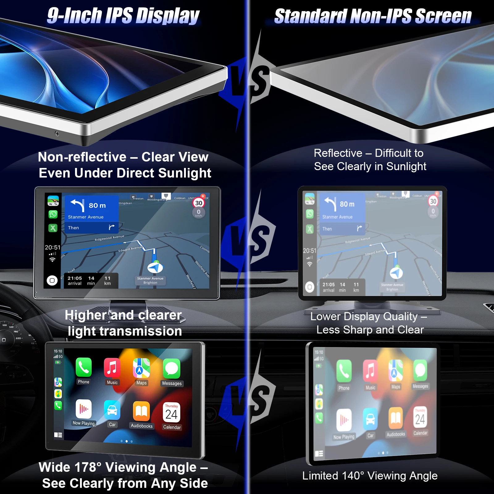 شاشة CarPlay اللاسلكية المحمولة مقاس 9 بوصات للسيارة، ستيريو سيارة CooCom UHD مع شاشة تعمل باللمس مع Apple CarPlay Android Auto، كاميرا داش 4K #4