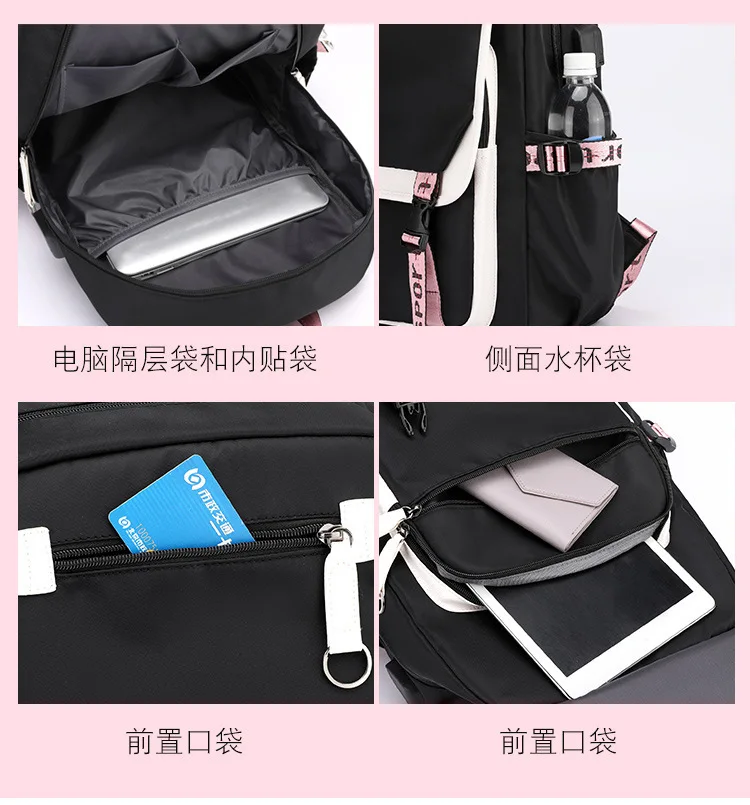 Kuromi-Mochila escolar con carga USB para mujer, morral de gran capacidad para estudiantes de secundaria