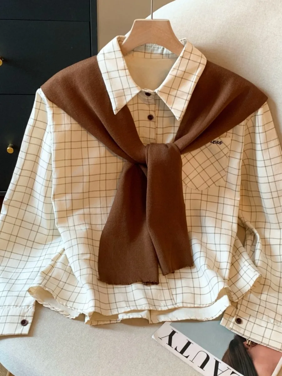 

Женское свободное длинное пальто Sve irt оригинального дизайна с шиловым воротником и пуговицами в клетку с принтом из смеси хлопка и полиэстера