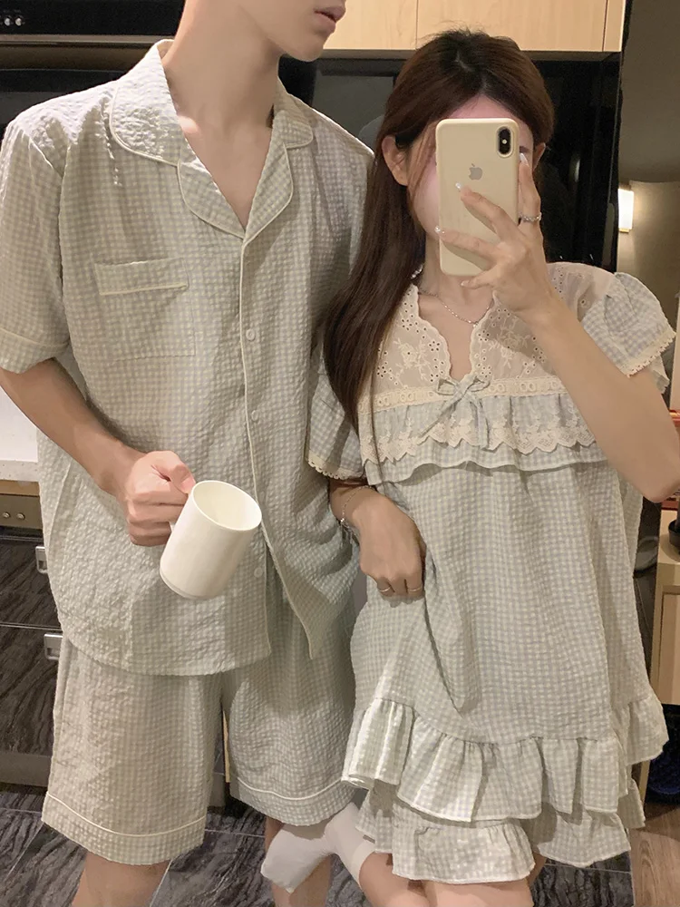 Lace Simple Plaid Solid Lovers Short Sleeved Pajama Set Kawaii Home Summer Ins Spouse Soft Plaid NightDress Women Sleep Tops