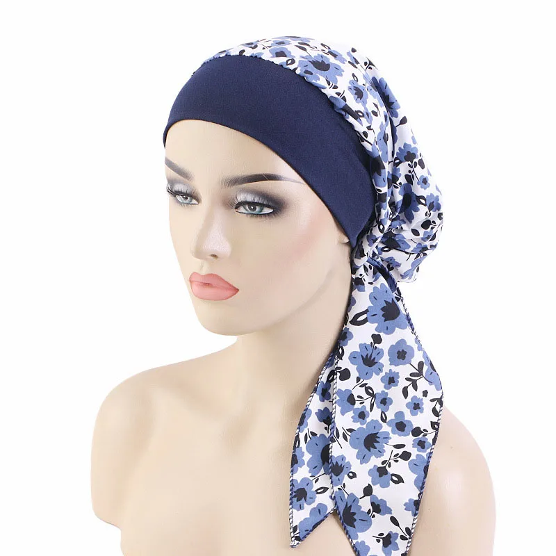 Pre-Tied Muslim Women Print Cancer Hijab Chemo Cap Turban Bonnet Hair Loss Hat Sleep Night Islamic Arab Stretch Head Wrap Covers