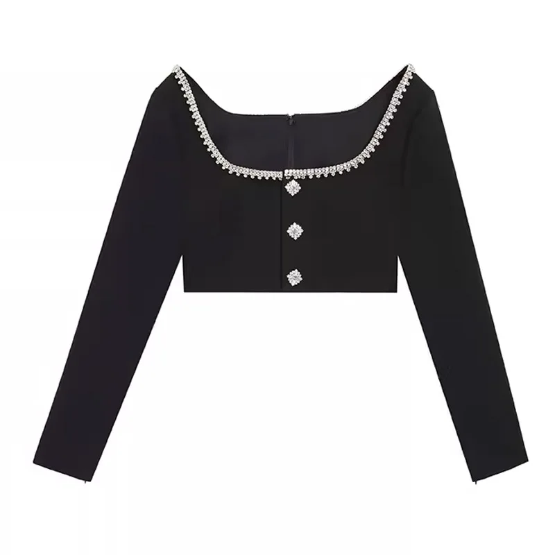 Classical Square Collar Lady Elegant Outwear Delicacy Rhinestone Neckline Long Sleeve Single-breasted Women Short Tops