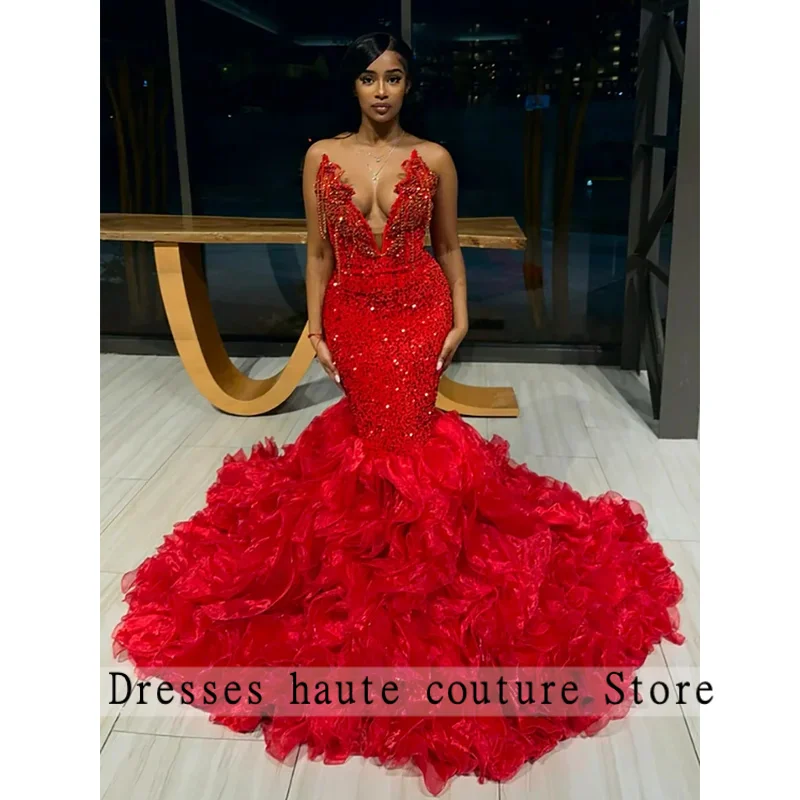 

Роскошные красные длинные платья русалки для выпускного вечера 2025 для черных девочек, сексуальные вечерние платья с хрустальными кисточками на день рождения, по индивидуальному заказу