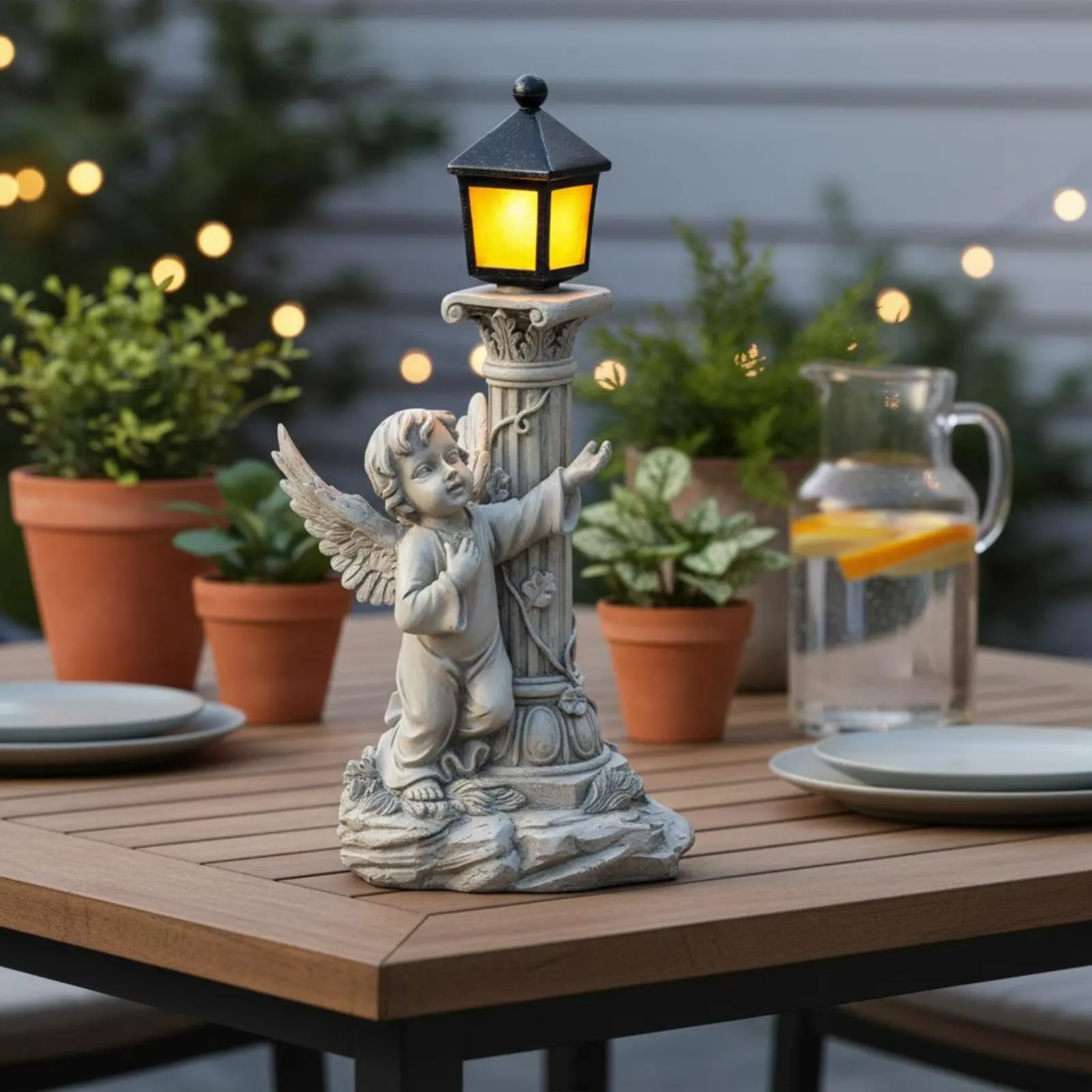 Roman Pillar Angel Statue Weather Resistant Garden Angel Lantern Solar Garden Ornament for Patio view 3