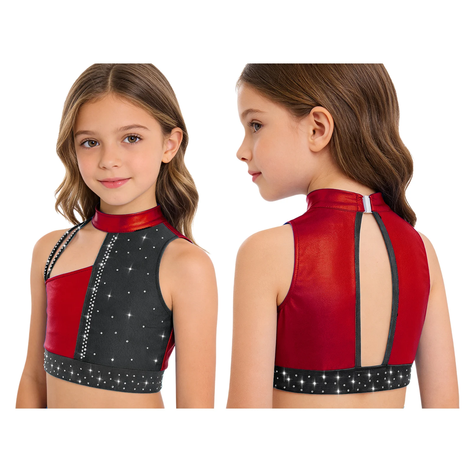 أطفال بنات الجمباز الجاز الرقص المحاصيل تانك الأعلى الزي أكمام لامعة الراين لامع كتلة اللون المحاصيل الأعلى مع السراويل #3