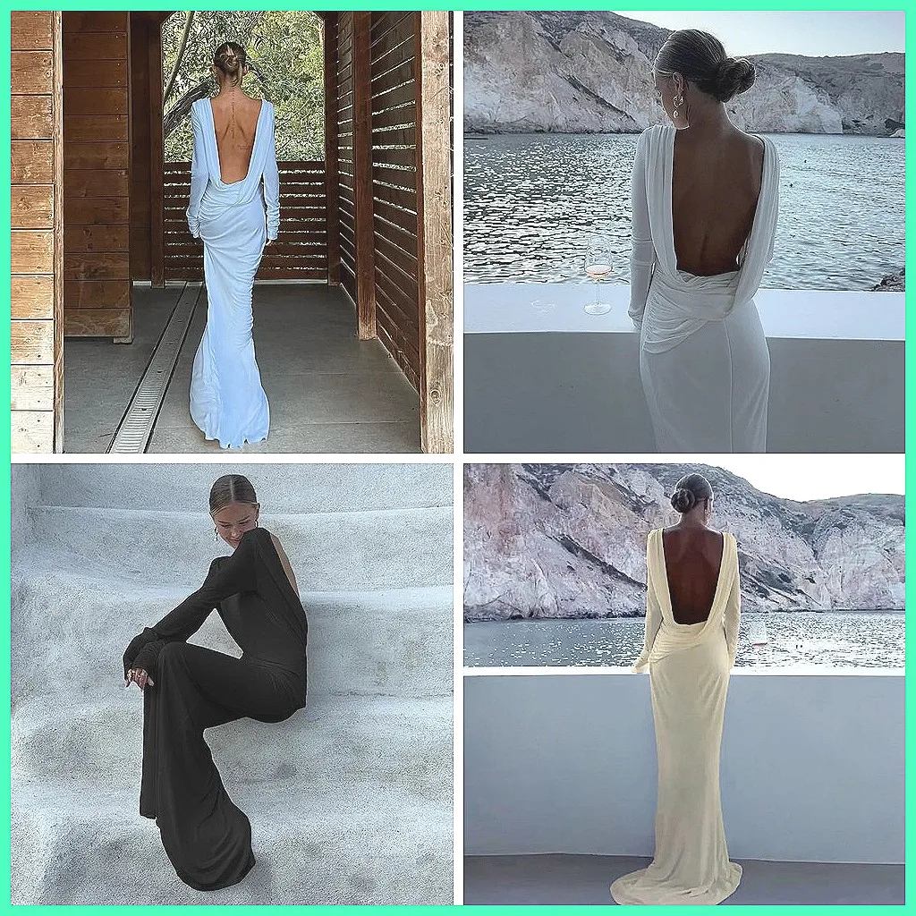 

Elegant Backless Wrap Dress for Women, Long Sleeve Bodycon Party & Vacation Dress with Pleats