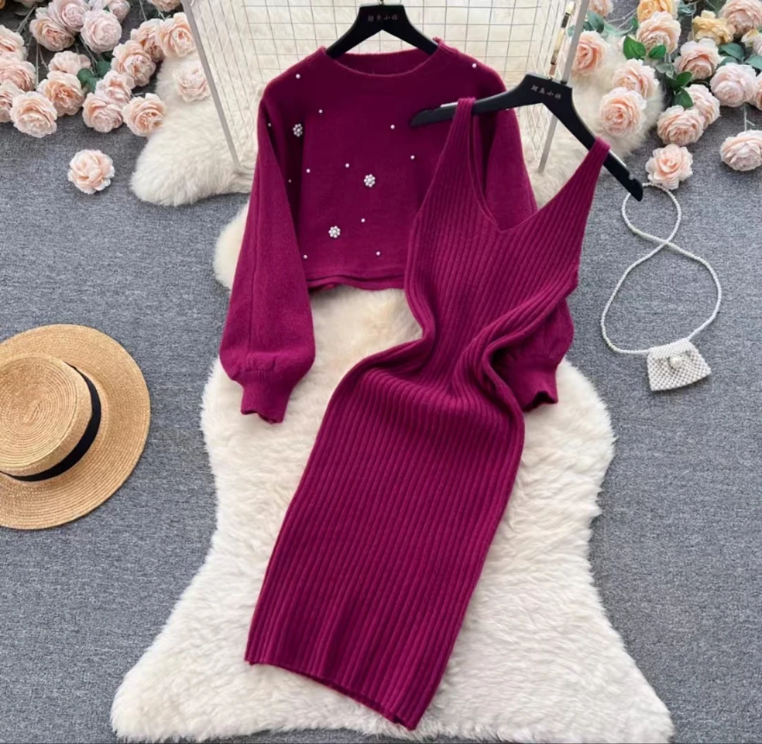 New Elegant Knitted Two Piece Sets for Women Autumn Winter Beading Lartern Sleeve Pullover Sweater Top + Sling Dresses Suits