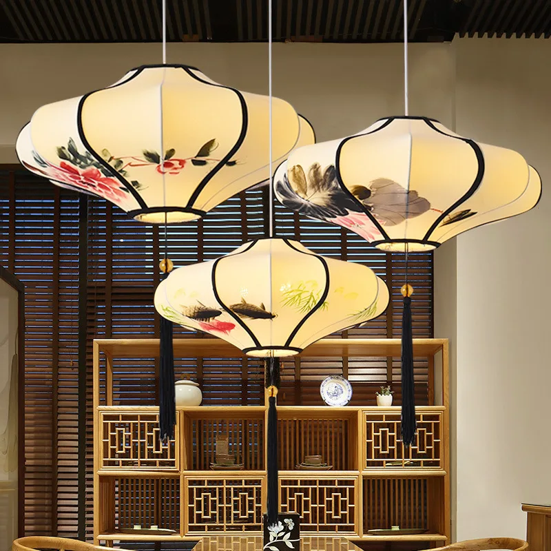 

40CM Modern cloth lantern tea house corridor creative art corridor home decor chandelier Hot pot Hotel porch hand painted lamp