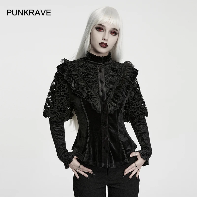Женская готическая рубашка PUNK RAVE с вышивкой в стиле лунного затмения, бархатными рукавами-пузырями, персонализированными регулируемыми бретелями, топ для вечеринок и клубов.