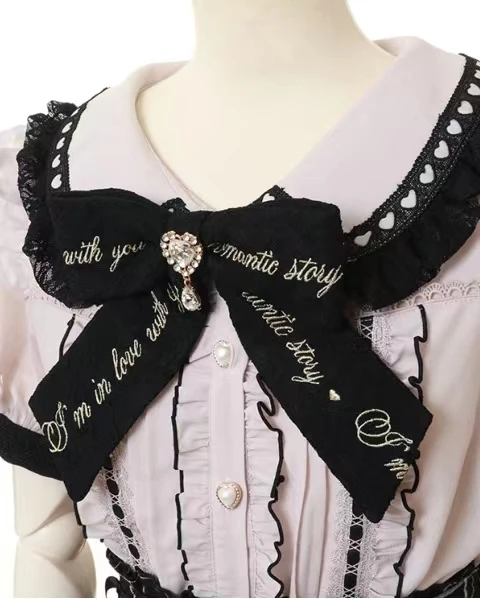

Cute Japanese Sle irt Lace Collar Production Line oulder Inward Sweet ort Sve Pure Color Spring Faion Ladies' Bl...