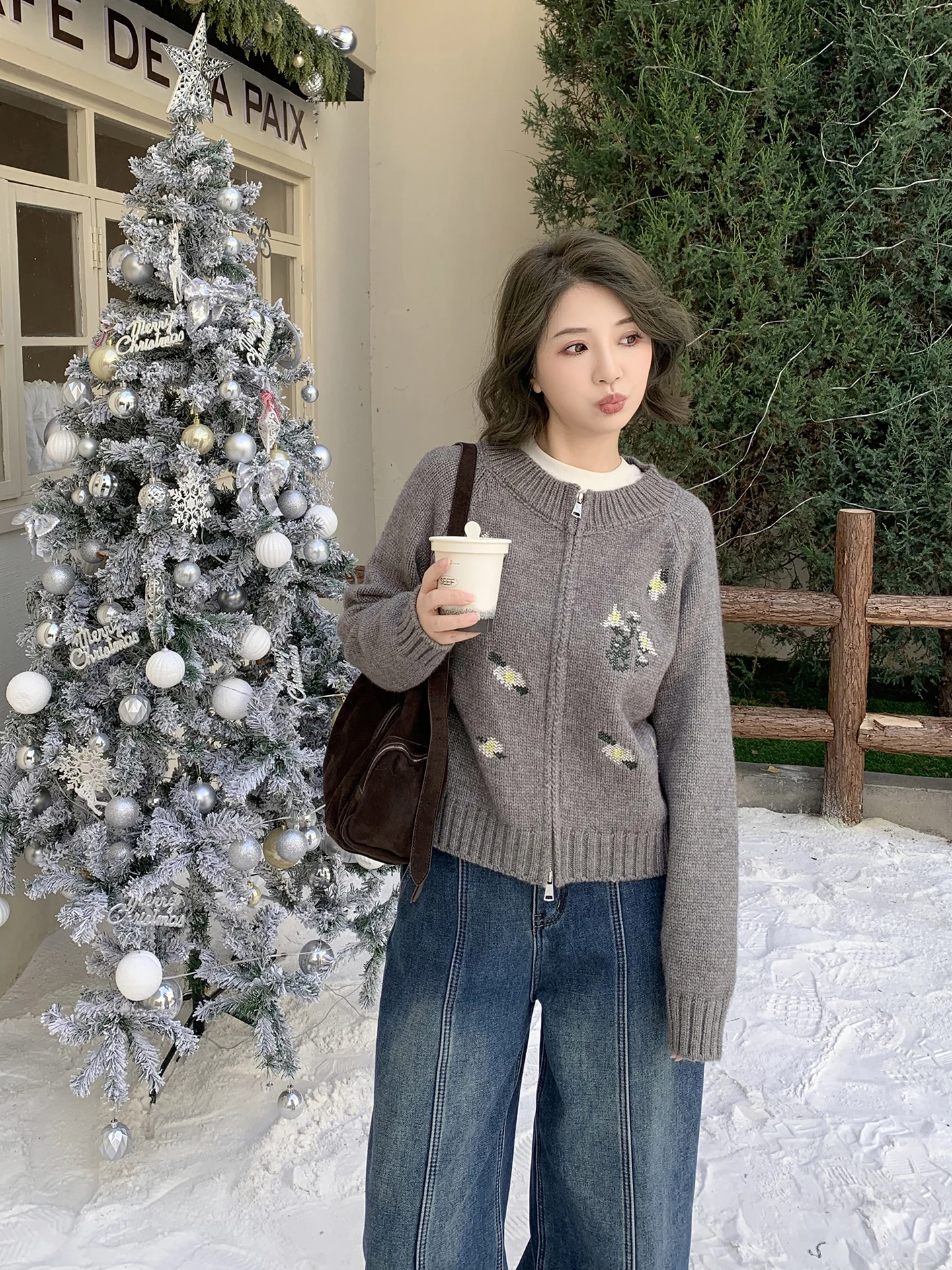 

ELINSU Korean Sle Loose Knitted Zipper Sweater Women's Spring Autumn Winter Floral 3D Embellied Open Cardigan