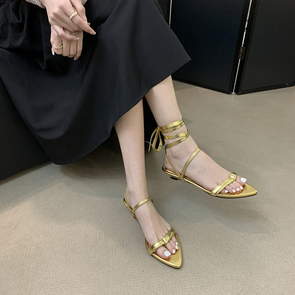 Fashion Women Sandals Pointed Toe Clip Toe Wedge Low Heels Ankle Strap Lace Up Party Sexy Dress Shoes Woman Size 35-39 Gold