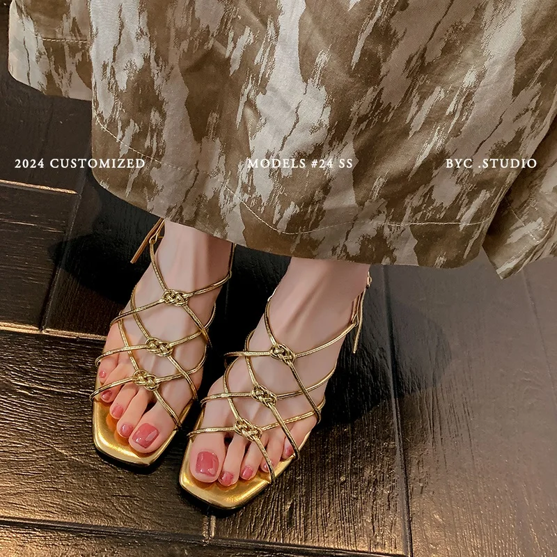 Women Sandals Narrow Band Retro Ladies Summer Sandals Gold Brown Roman Style Vintage Gladiator Shoes On Med Heel 3 CM