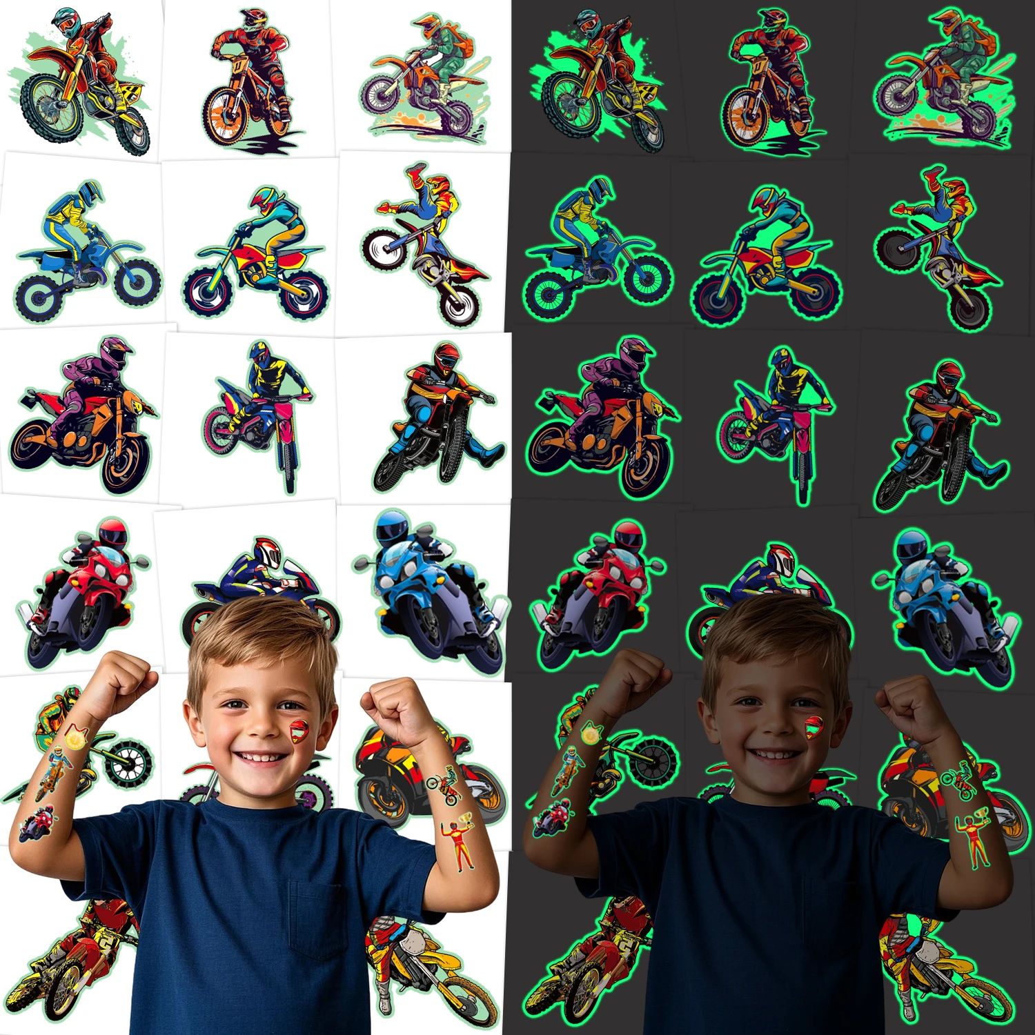 10 Glow-in-the-Dark Motorcycle-Themed Temporary Tattoos, which can be used as themed decorations, gifts and prizes