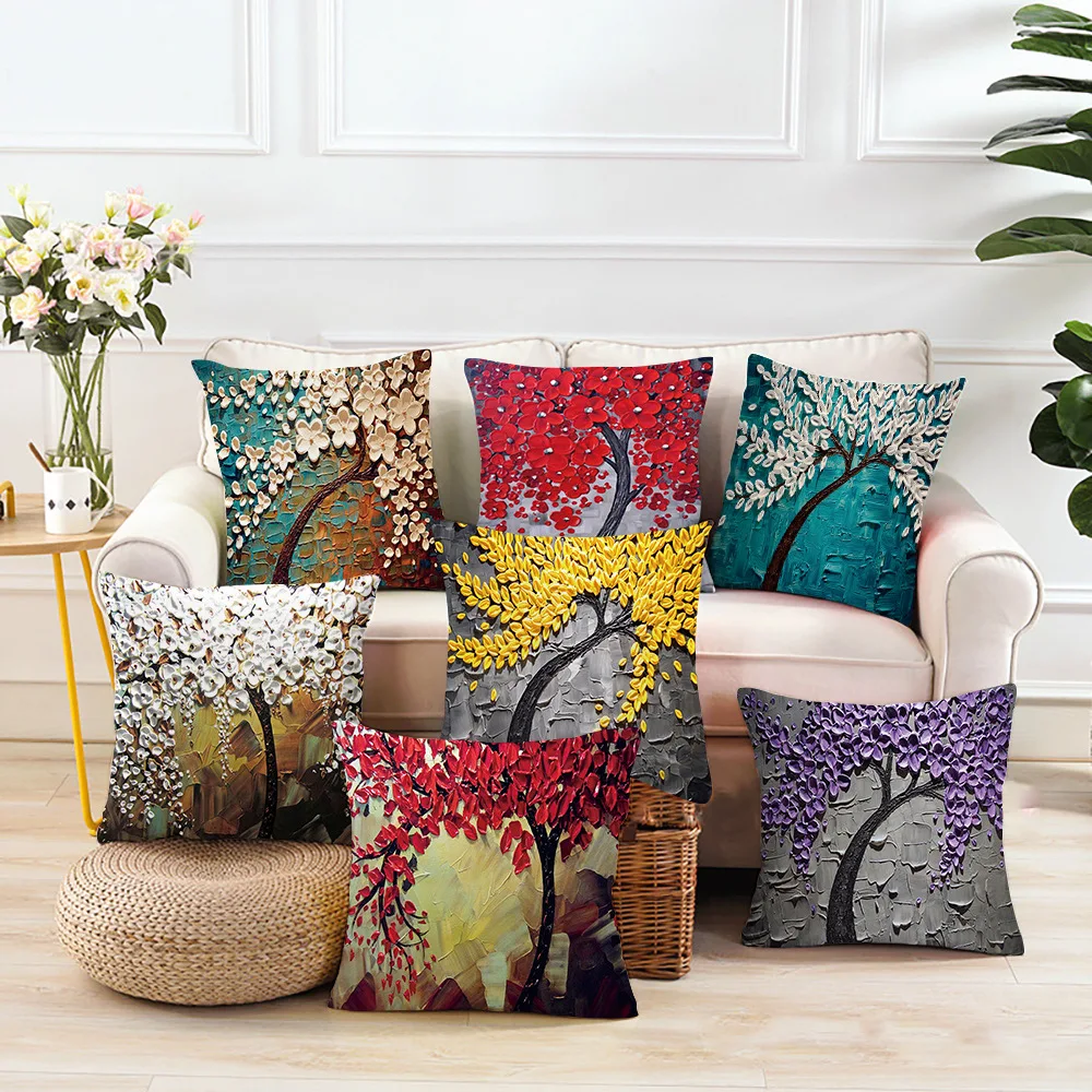 Cherry Blossom Blooming Printing Pillowcase 3D Oil Painting Tree Flowers Cushion Cover Home Decor Chair Car Sofa Pillow Case