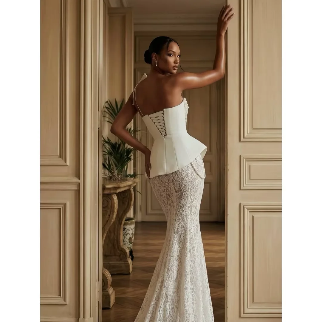 Lace Mermaid Wedding Dress Single Shoulder Design Multi layer Pearl Chain Decoration Butterfly Wedding Dress Customization