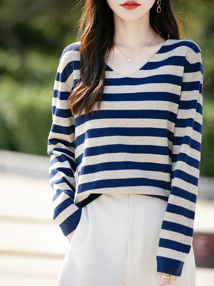 

Merino Wool Women's V-neck Striped Pullover Casual Fashion Autumn Winter Long Sleeved Knitted Sweater